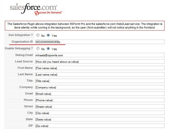 Configure the Salesforce plugin from RSForm!Pro
